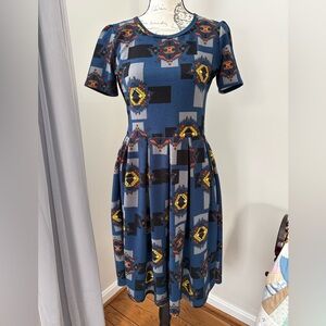 LuLaRoe Geometric Blue Midi Dress Medium
